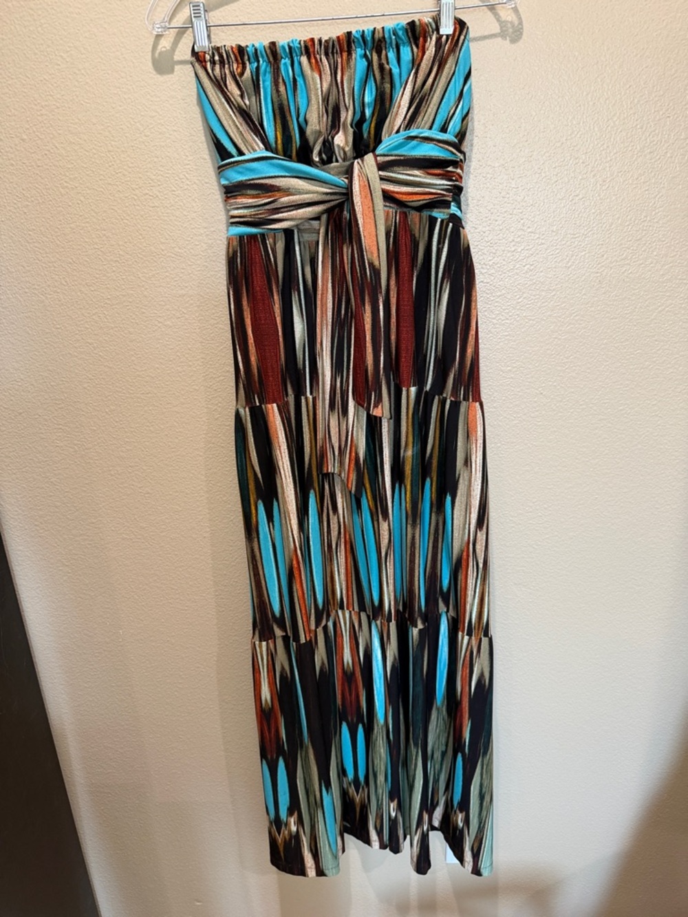Donna Morgan Bohemian Tube Dress | Smocked Waist Tie-Front Maxi | Tribal Print